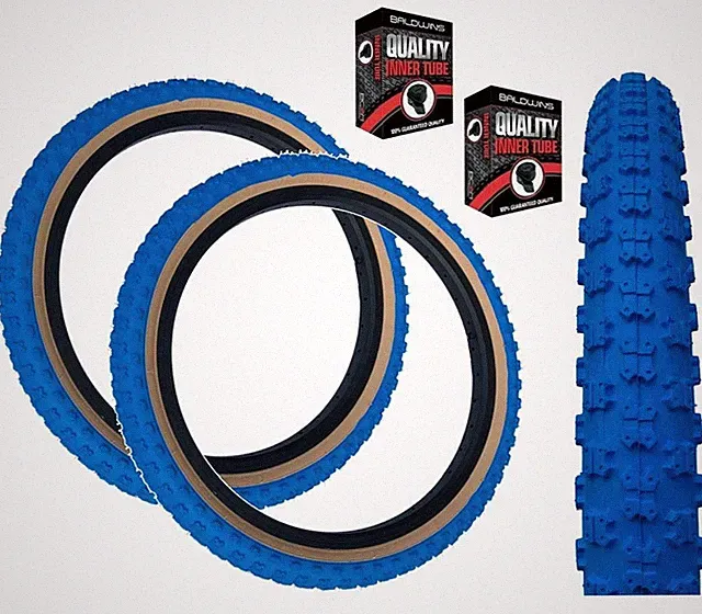 Baldys 20 x 2.125 BMX Mountain Bike BLUE / TAN WALL Knobby Tread TYREs TUBEs