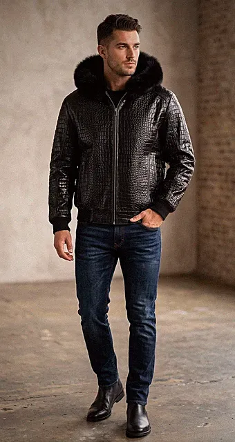 New Men's Bomber Hooded Leather Crocodile Embossed with Fur Hood Biker Jacket
