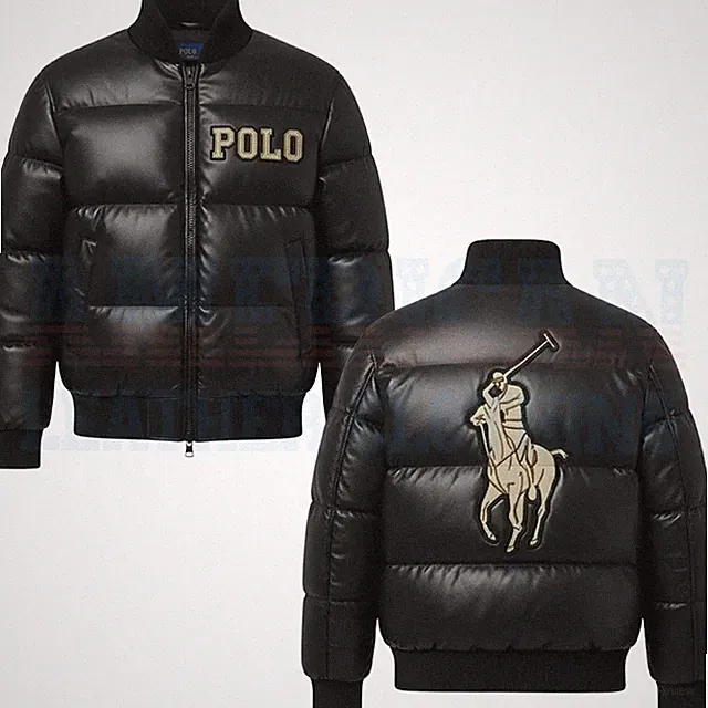 Polo Ralph Lauren Men’s Black Leather Puffer Bomber Jacket Genuine Cowhide Skin
