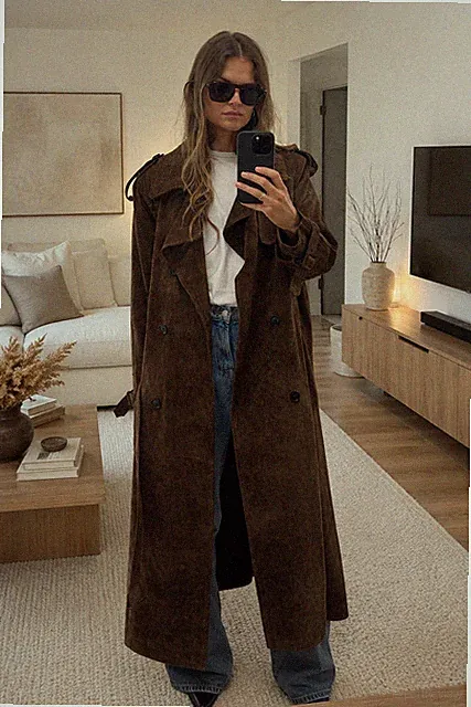 Women Genuine Leather Suede Trench Long Coat Brown Jacket S M L XL 2XL